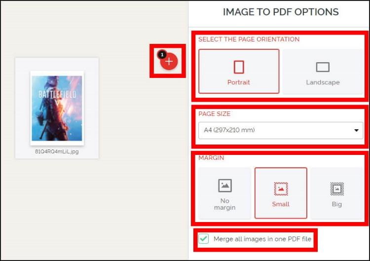 הגדרות המרת תמונה לקובץ PDF - אופקי, אנכי, גודל עמוד, שוליים ומיזוג מספר תמונות לקובץ אחד
