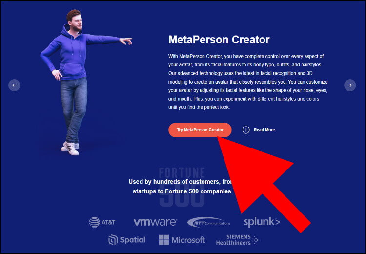 בעמוד הראשי באתר AVATAR SDK לחצו על 'Try MetaPerson Creator'