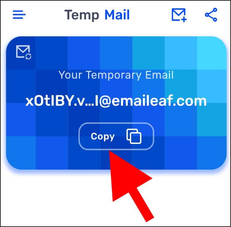 החלון הראשי באפליקציית Temp Mail