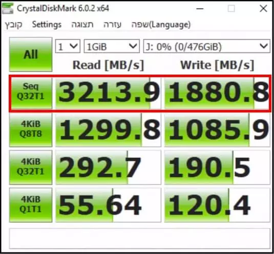 תוצאות בדיקות מהירות קריאה וכתיבה לכונן NVMe SX8200 Pro
